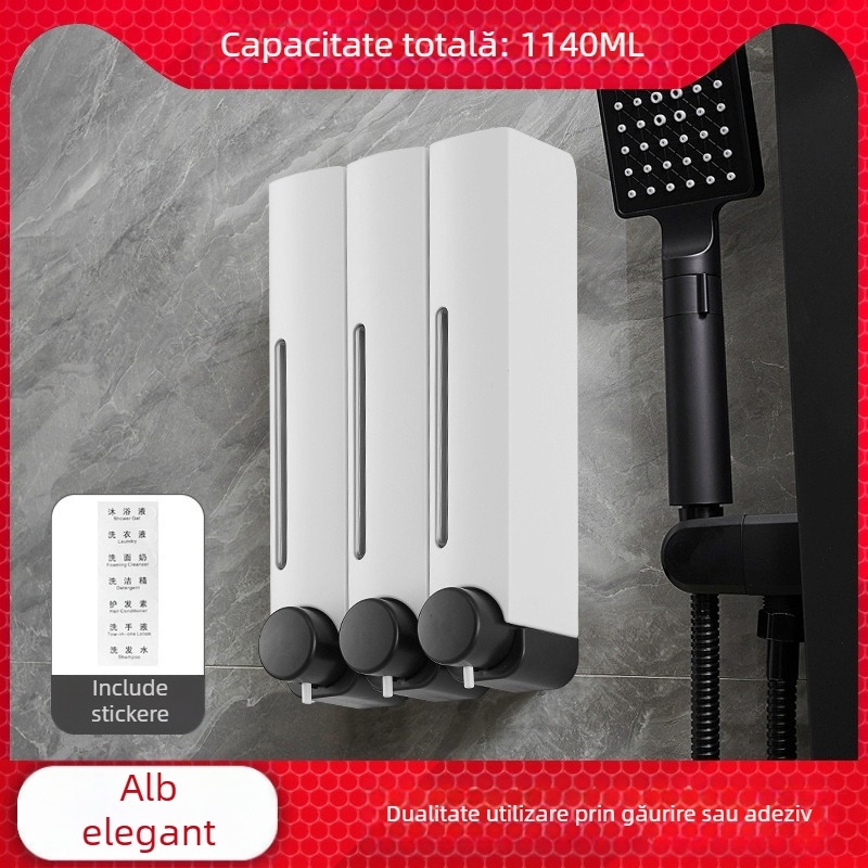 Dozator de săpun montat pe perete, fără cuie, funcție apăsare, ABS, finisaj oxidat, stil modern minimalist