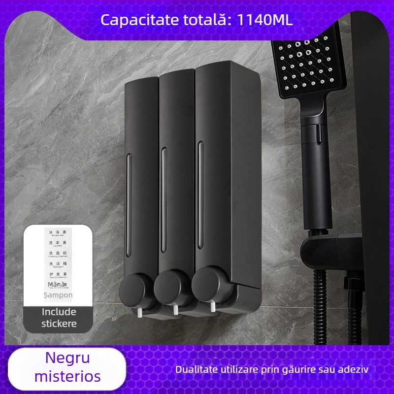 Dozator de săpun montat pe perete, fără cuie, funcție apăsare, ABS, finisaj oxidat, stil modern minimalist