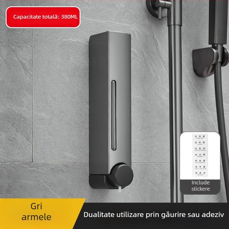 Dozator de săpun montat pe perete, fără cuie, funcție apăsare, ABS, finisaj oxidat, stil modern minimalist