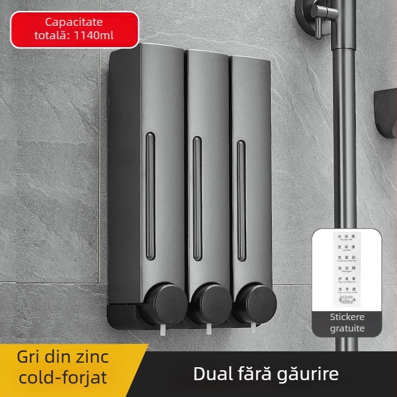 Dozator de săpun montat pe perete, fără cuie, funcție apăsare, ABS, finisaj oxidat, stil modern minimalist