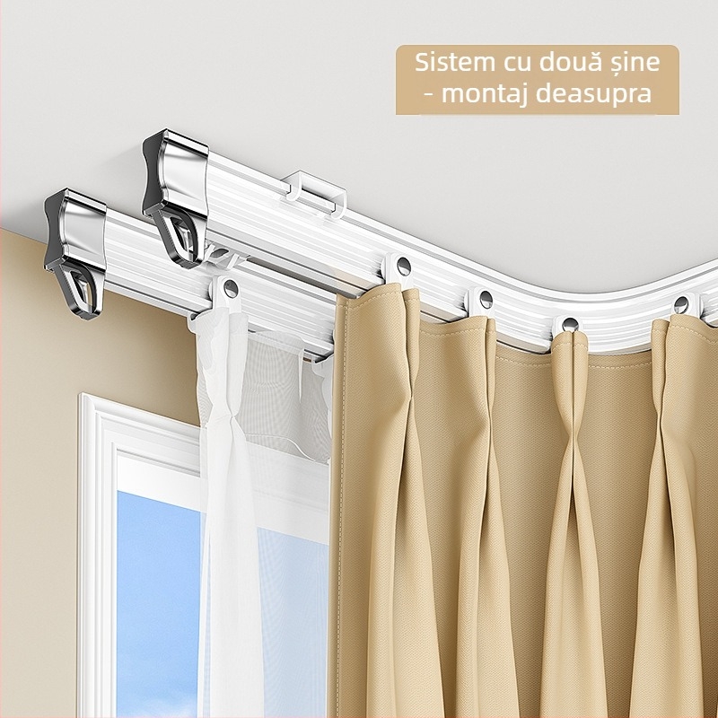 Șină flexibilă pentru draperii cu suporturi fixe pentru fereastră în formă U și bară în formă L, montaj superior