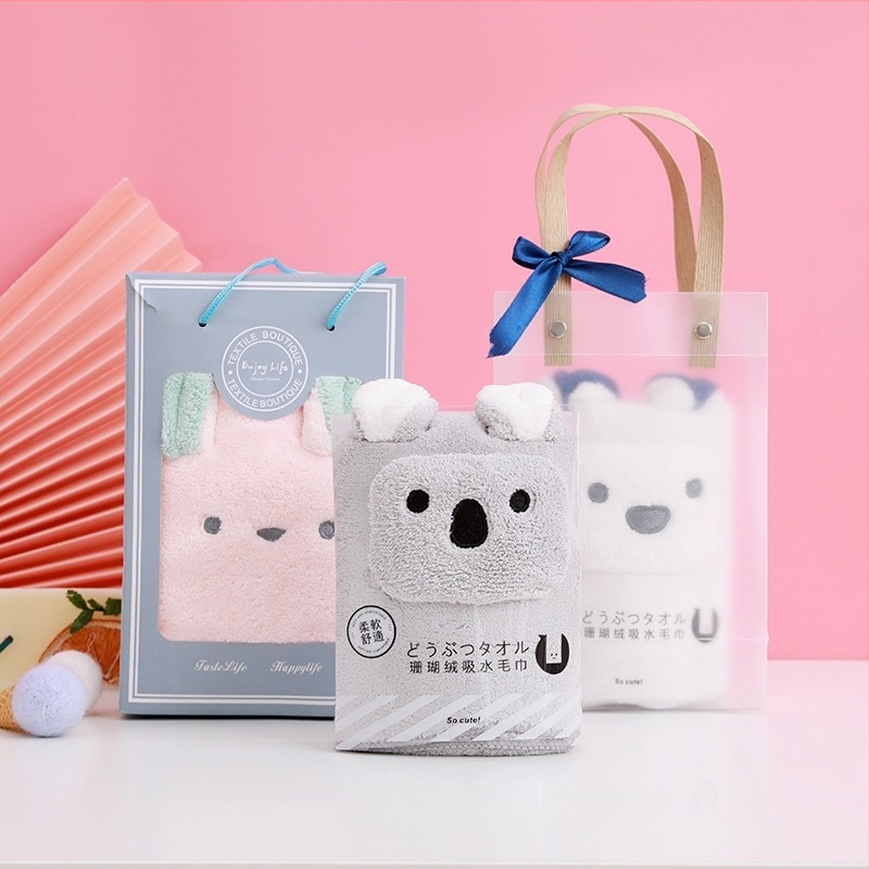 Set de prosoape pentru copii din fleece coral, în cutie cadou, cu logo ursuleț cu urechi, Warp knitted, 301–350 g