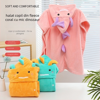 Prosop de baie purtabil pentru bebeluși cu glugă în design de dinozaur, fleece coral, absorbant, 200–300 g, fire 40, cusut, personalizare disponibilă