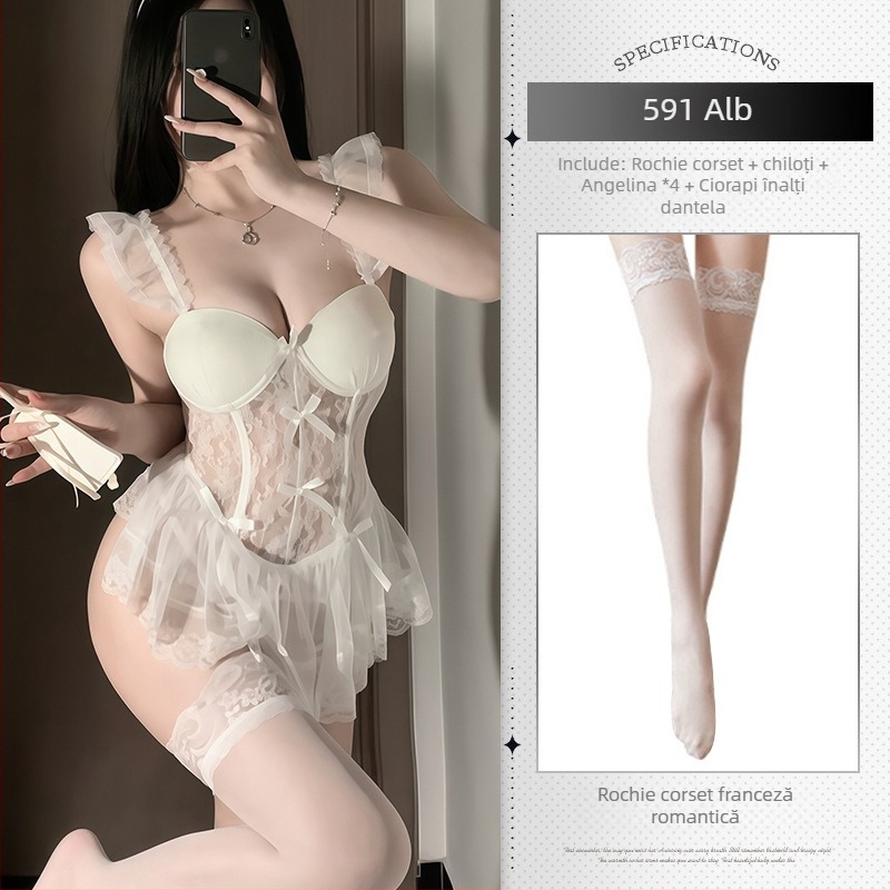 Body din dantelă transparent, cu pernuțe pentru sân și vestă cu întărire metalică (poliester)