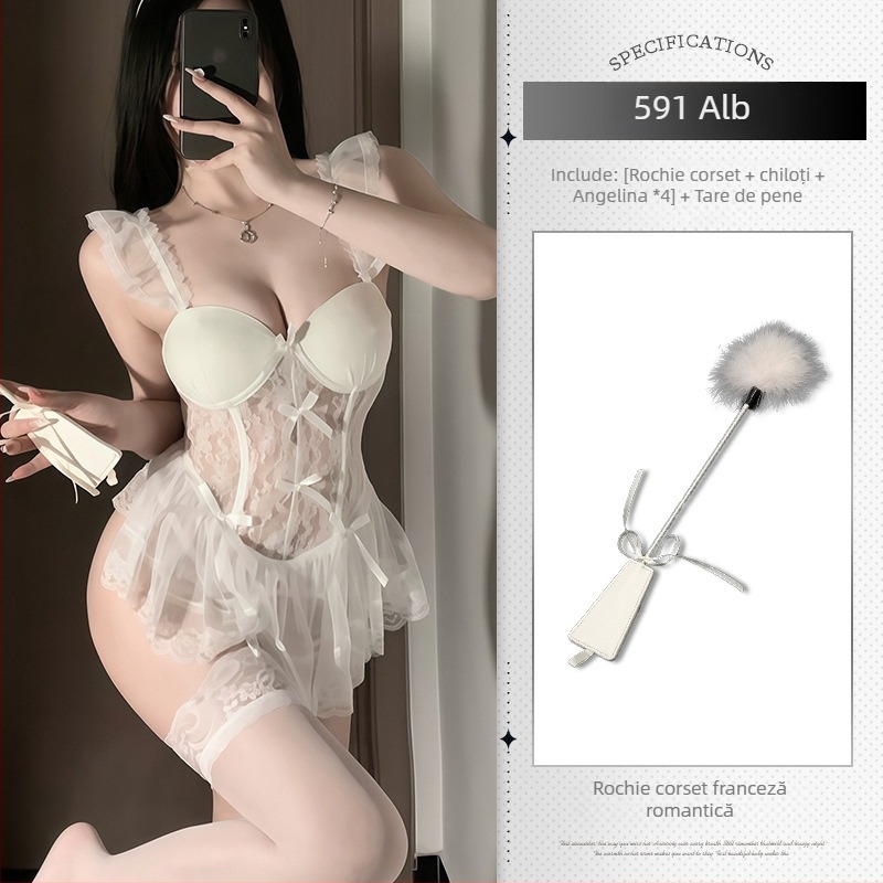 Body din dantelă transparent, cu pernuțe pentru sân și vestă cu întărire metalică (poliester)