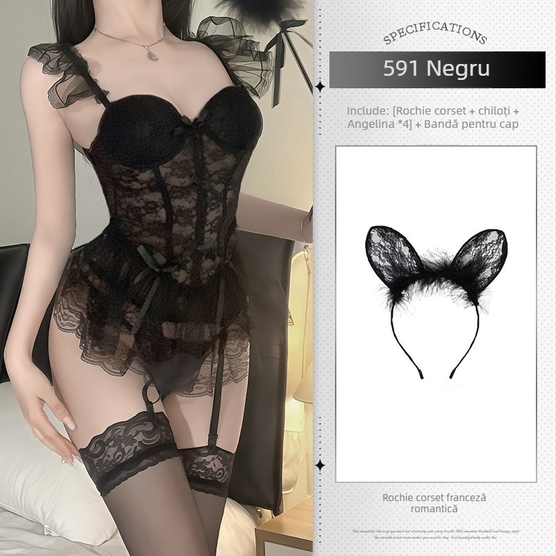 Body din dantelă transparent, cu pernuțe pentru sân și vestă cu întărire metalică (poliester)