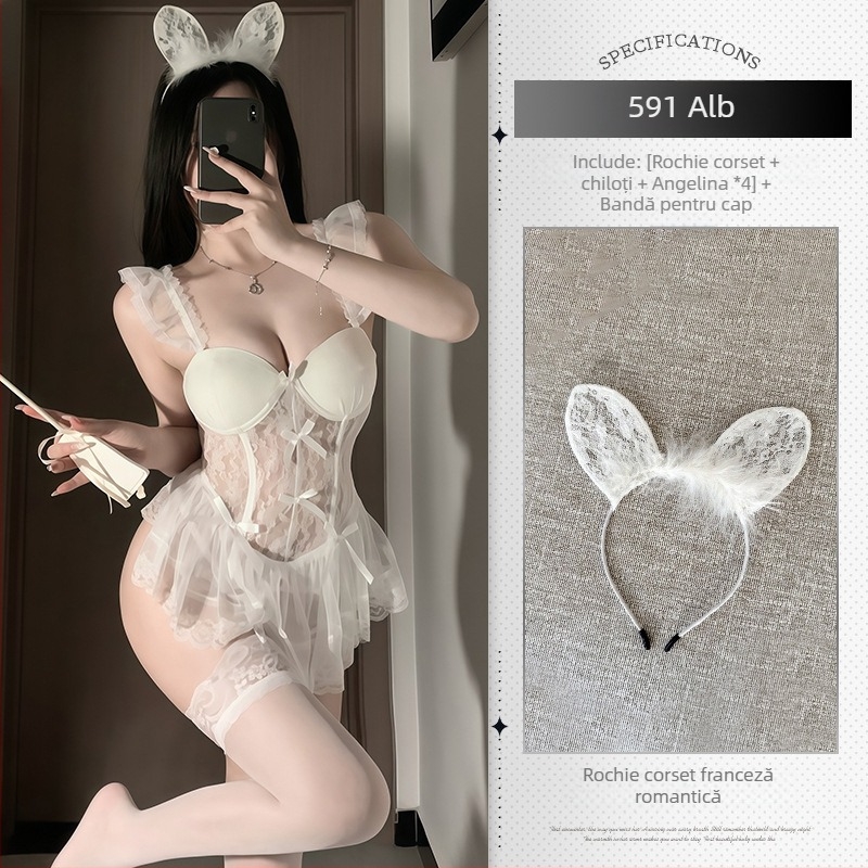 Body din dantelă transparent, cu pernuțe pentru sân și vestă cu întărire metalică (poliester)