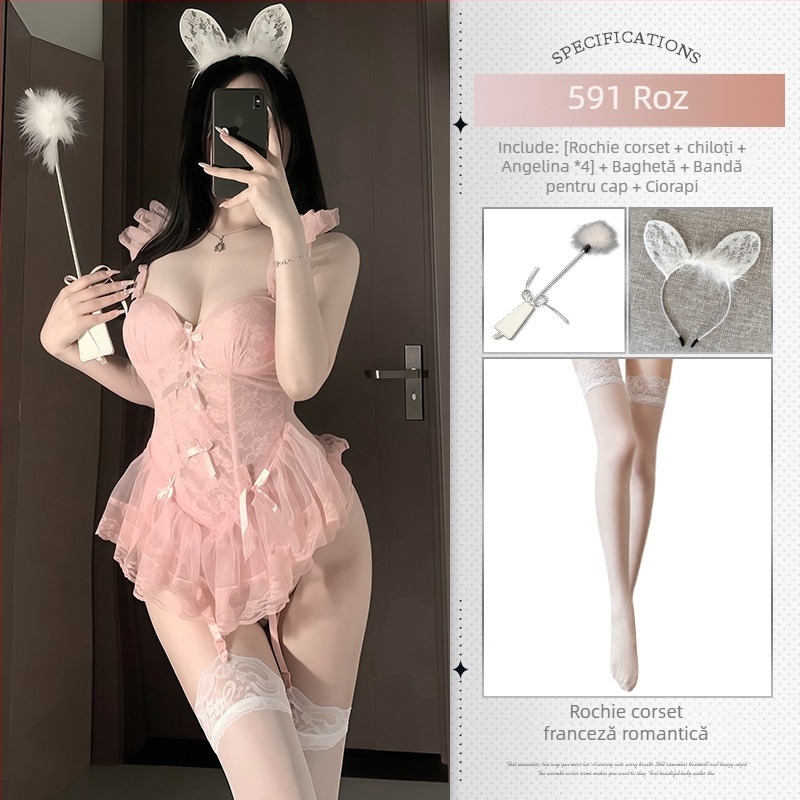 Body din dantelă transparent, cu pernuțe pentru sân și vestă cu întărire metalică (poliester)
