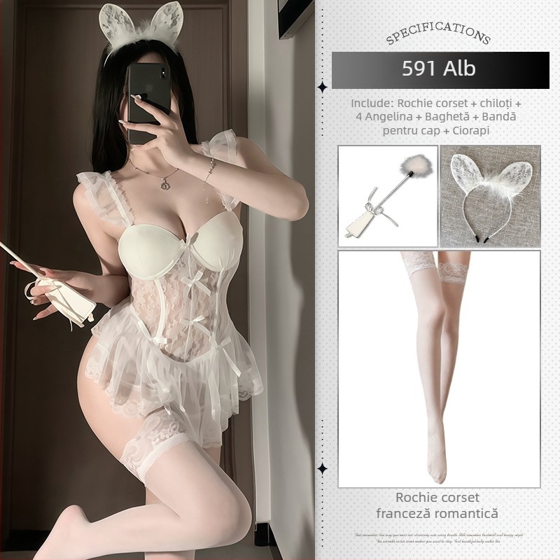 Body din dantelă transparent, cu pernuțe pentru sân și vestă cu întărire metalică (poliester)