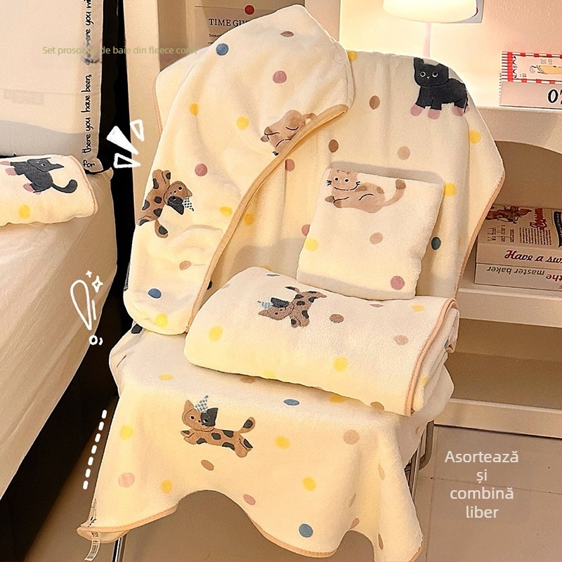 Prosop de baie cu design de pisică desenată, fleece coral, 400–500 g, 32 fire, cusături de margine și țesătură simplă