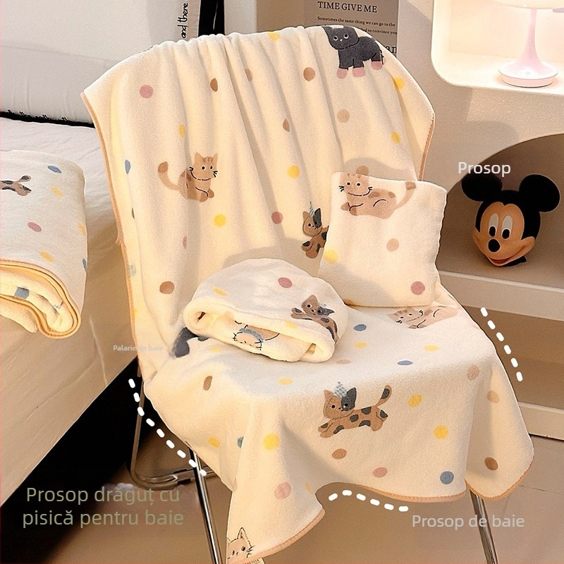 Prosop de baie cu design de pisică desenată, fleece coral, 400–500 g, 32 fire, cusături de margine și țesătură simplă