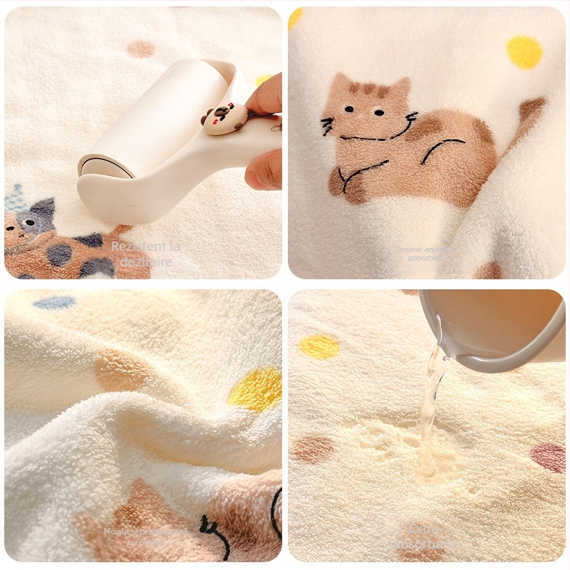 Prosop de baie cu design de pisică desenată, fleece coral, 400–500 g, 32 fire, cusături de margine și țesătură simplă