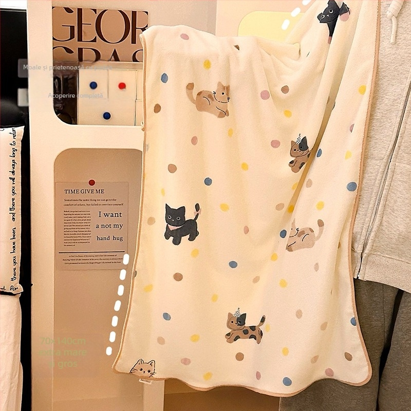 Prosop de baie cu design de pisică desenată, fleece coral, 400–500 g, 32 fire, cusături de margine și țesătură simplă