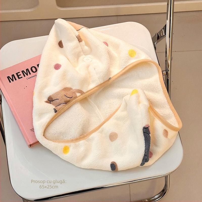 Prosop de baie cu design de pisică desenată, fleece coral, 400–500 g, 32 fire, cusături de margine și țesătură simplă