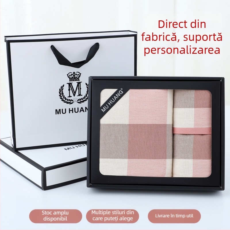 Set prosoape cadou în cutie — 100% bumbac, absorbante, nu lasă scame, pentru uz casnic, ideal ca suvenir; personalizare disponibilă (broderie sau imprimare siglă)