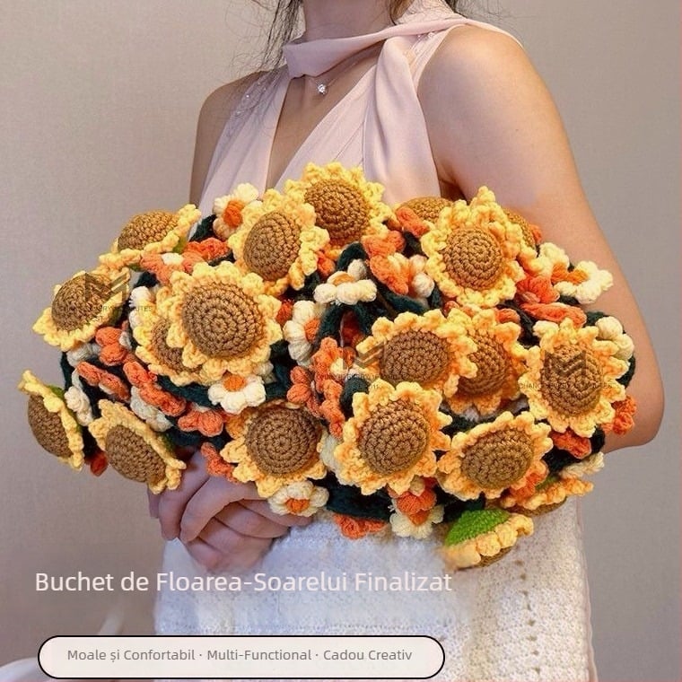 Cuvertură tricotată cu buchet de floarea-soarelui, pătură pentru canapea din acrilic, model floral, 570–820 g, primăvară-toamnă, personalizabilă