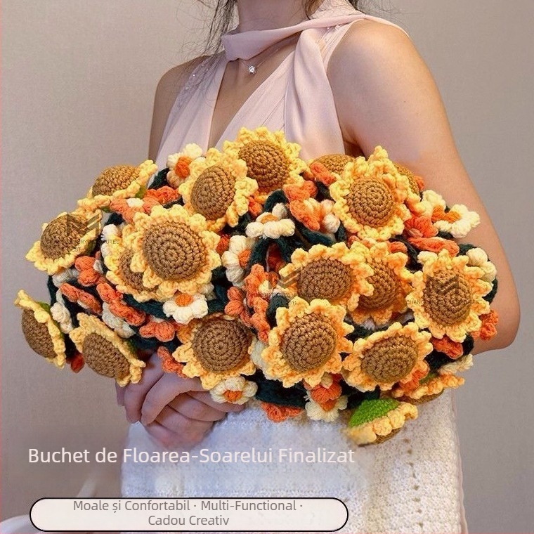 Cuvertură tricotată cu buchet de floarea-soarelui, pătură pentru canapea din acrilic, model floral, 570–820 g, primăvară-toamnă, personalizabilă