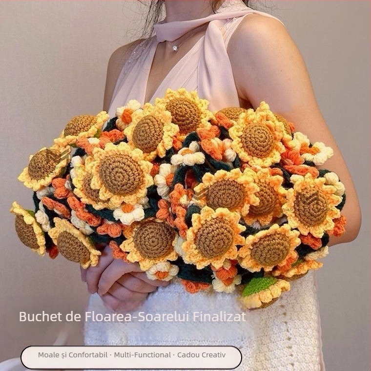 Cuvertură tricotată cu buchet de floarea-soarelui, pătură pentru canapea din acrilic, model floral, 570–820 g, primăvară-toamnă, personalizabilă