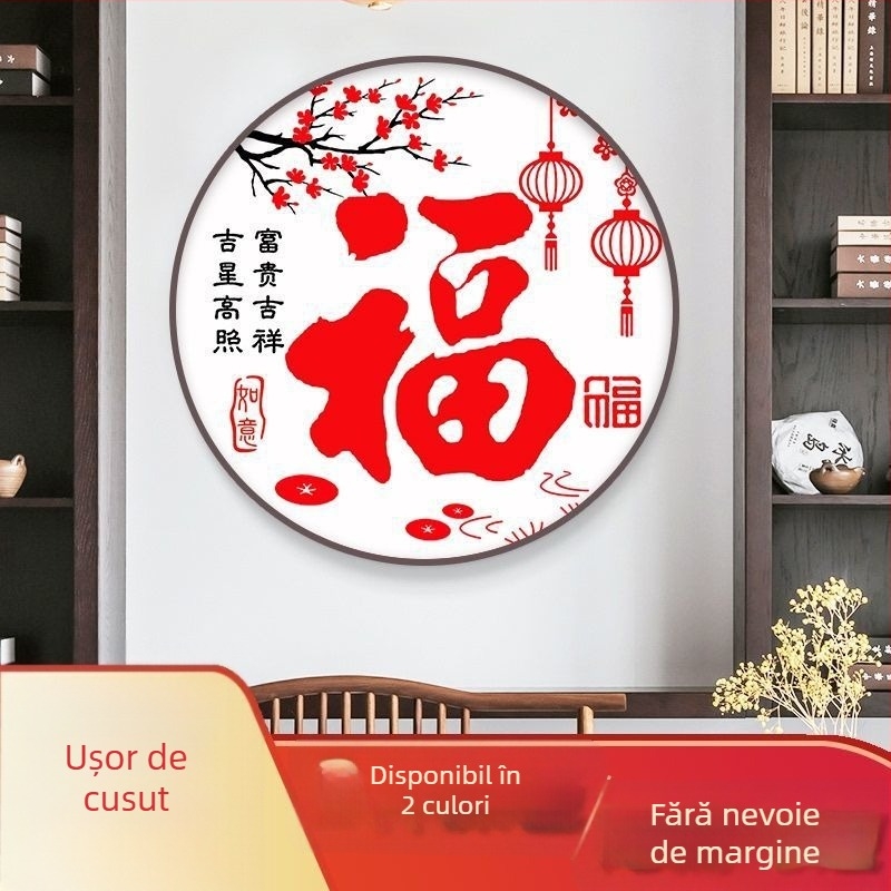 Kit de broderie cu cruce – Caracter Fu, formă circulară, design simplu, material placă plastică, potrivit pentru începători