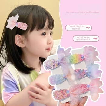 Set accesorii pentru păr pentru copii cu tema sirenă - clips lateral, dantelă, inserție, model marin (Dantelă; Model marin; Clips lateral; Inserție)