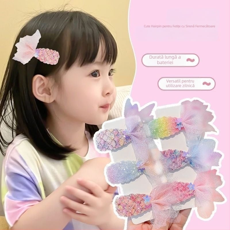Set accesorii pentru păr pentru copii cu tema sirenă - clips lateral, dantelă, inserție, model marin (Dantelă; Model marin; Clips lateral; Inserție)