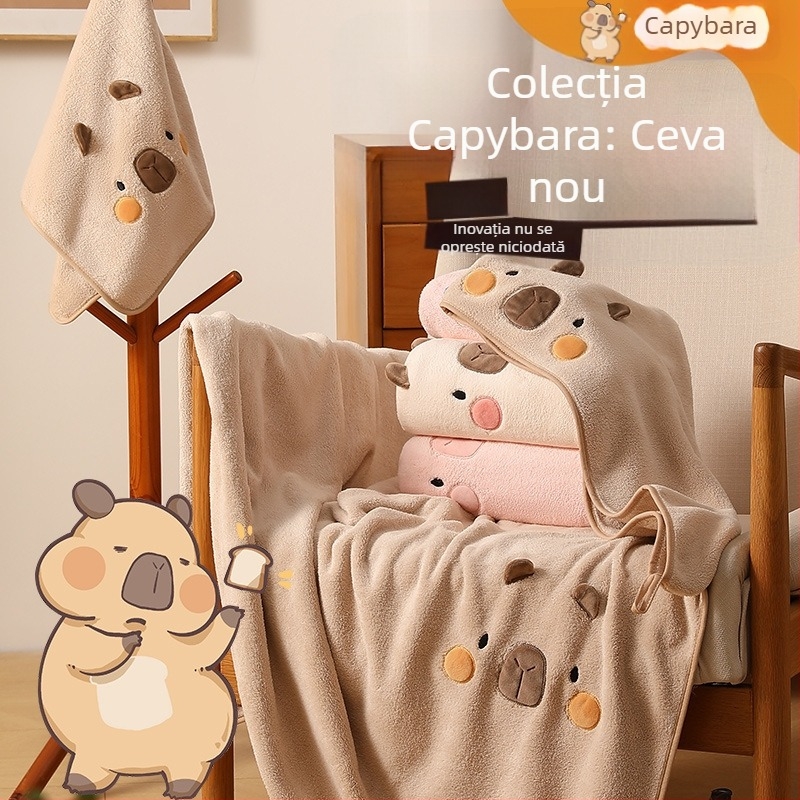 Prosop de baie pentru copii din Coral Fleece, 200–300 g, 150D, finisaj brodat Velours, design capybara