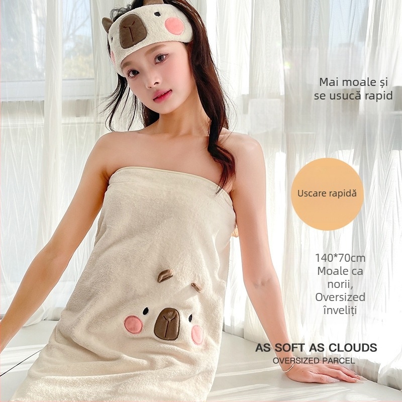 Prosop de baie pentru copii din Coral Fleece, 200–300 g, 150D, finisaj brodat Velours, design capybara