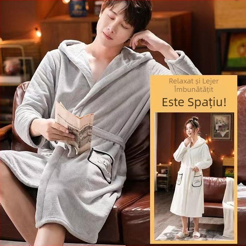 Halat de baie cu glugă, fleece coral, amestec 80/20, uscare rapidă, 620 g