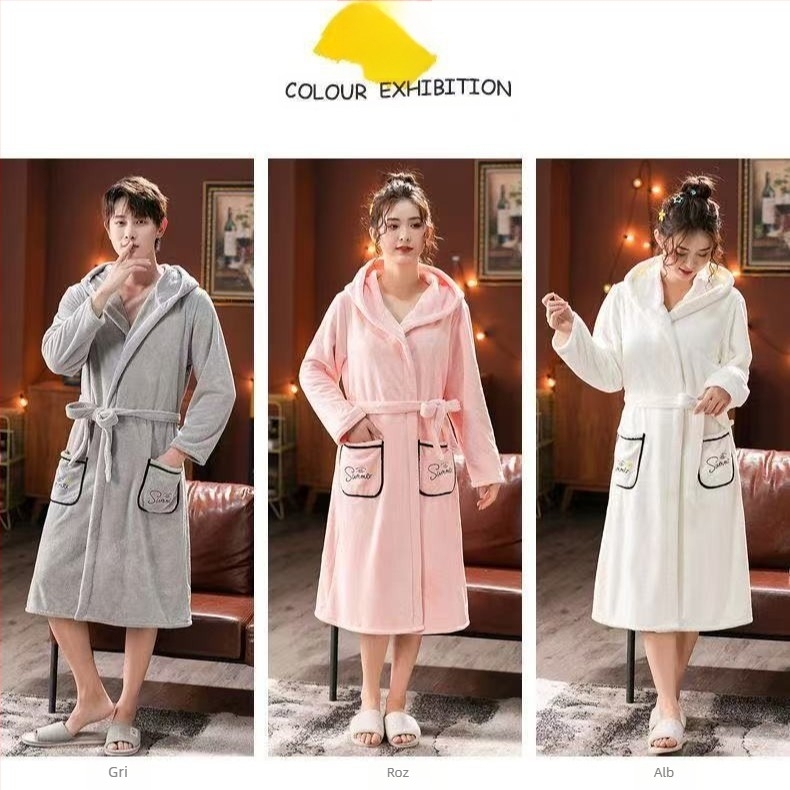 Halat de baie cu glugă, fleece coral, amestec 80/20, uscare rapidă, 620 g