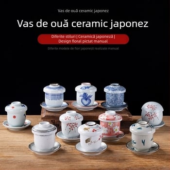 Căniță de ou aburit în stil japonez, din porțelan, compatibilă cu cuptorul cu microunde, suprafață pictată manual