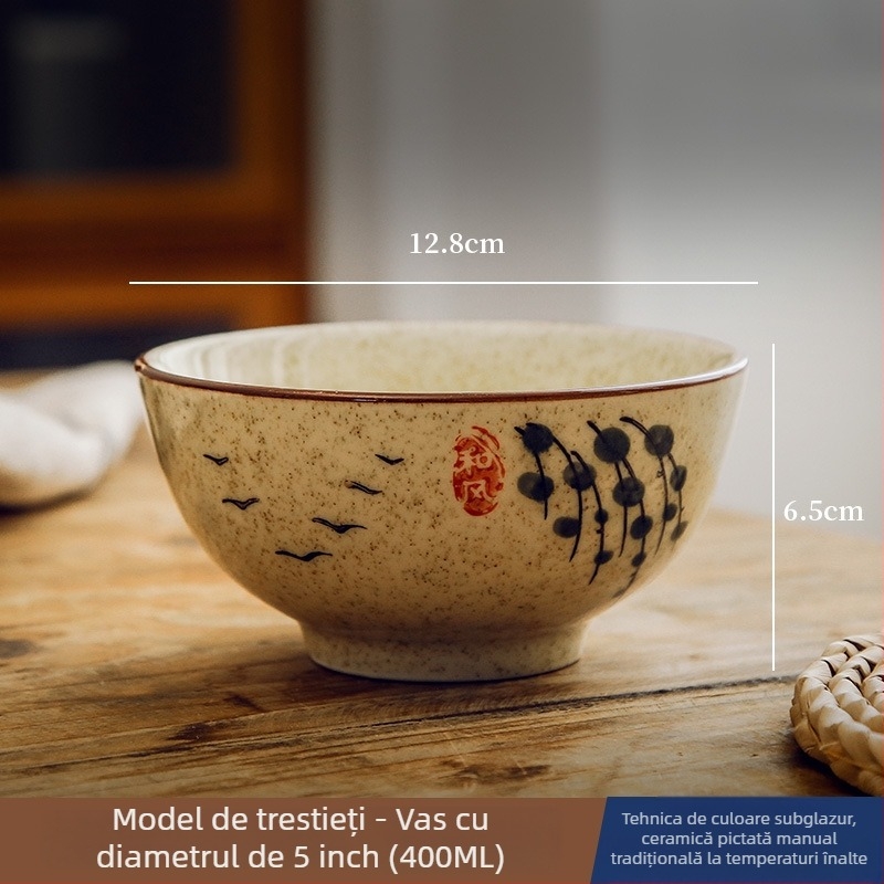 Vas ceramic pentru orez și supă, cu glazură sub suprafață, veselă în stil chinezesc național, formă circulară, stil vintage, potrivit pentru microunde, modele variate