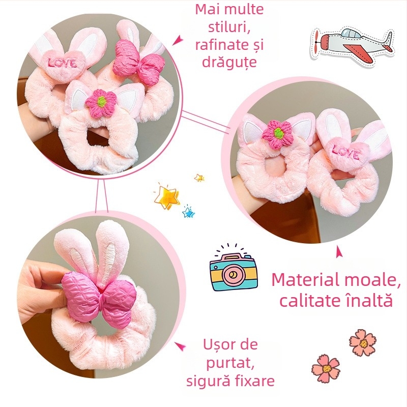 Elastic pentru coadă de cal cu floare și funda - pluș, din material textil, realizat manual, stil coreean, elasticitate ridicată