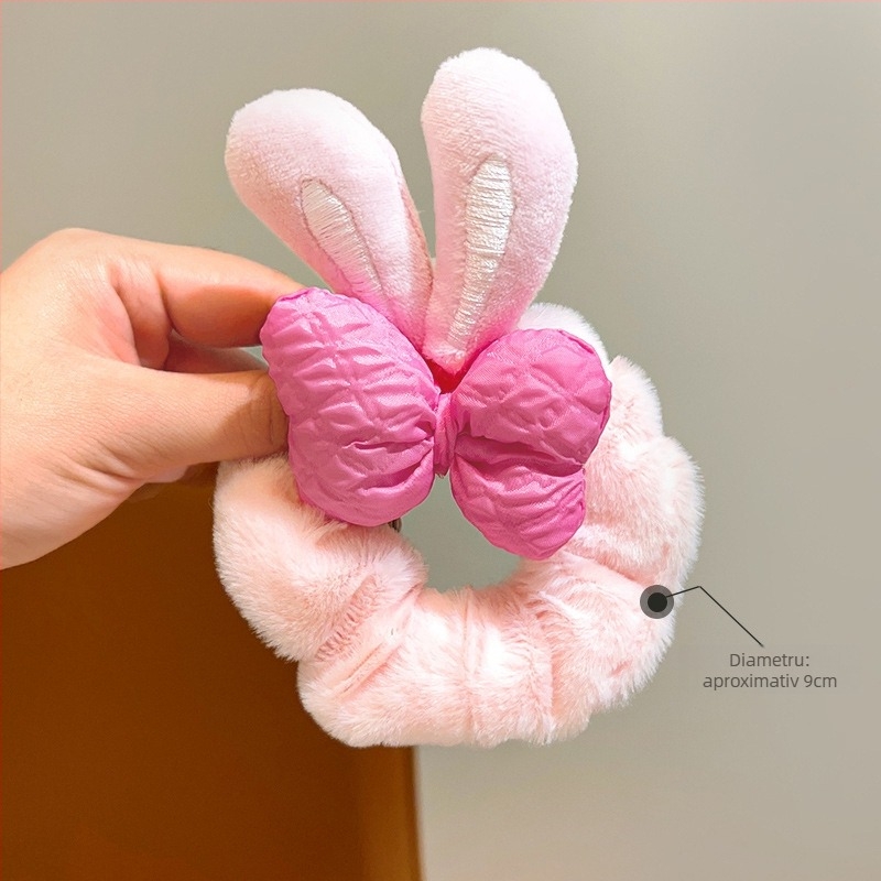 Elastic pentru coadă de cal cu floare și funda - pluș, din material textil, realizat manual, stil coreean, elasticitate ridicată