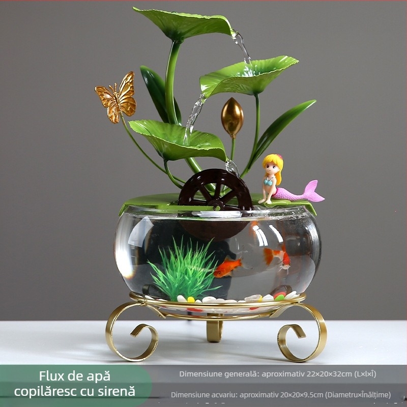 Fântână decorativă de birou cu lotus, din sticlă și fier forjat, realizată manual, stil lux discret