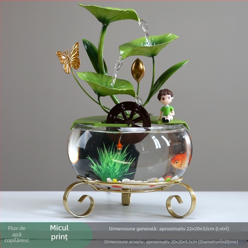 Fântână decorativă de birou cu lotus, din sticlă și fier forjat, realizată manual, stil lux discret