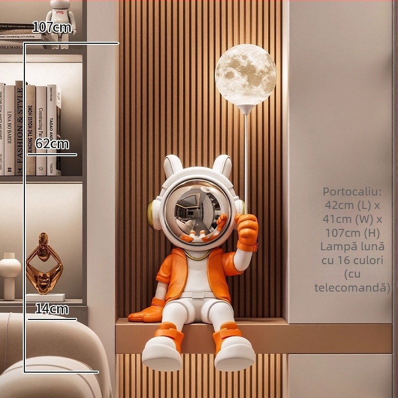 Figurină din rășină cu astronaut desene animate, așezat, ținând o lampă; vopsită manual, stil minimalist modern, pușculiță