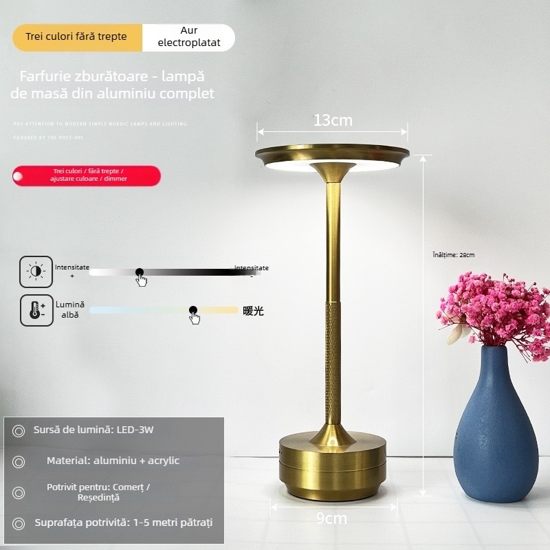 Veioză de masă cu atmosferă nordică – suport din fier, corp din aluminiu, 5V, 3W, reglaj manual al luminii