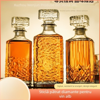 Sticlă de vin din sticlă, fund pătrat-diamant, sigilată, gata pentru imprimare