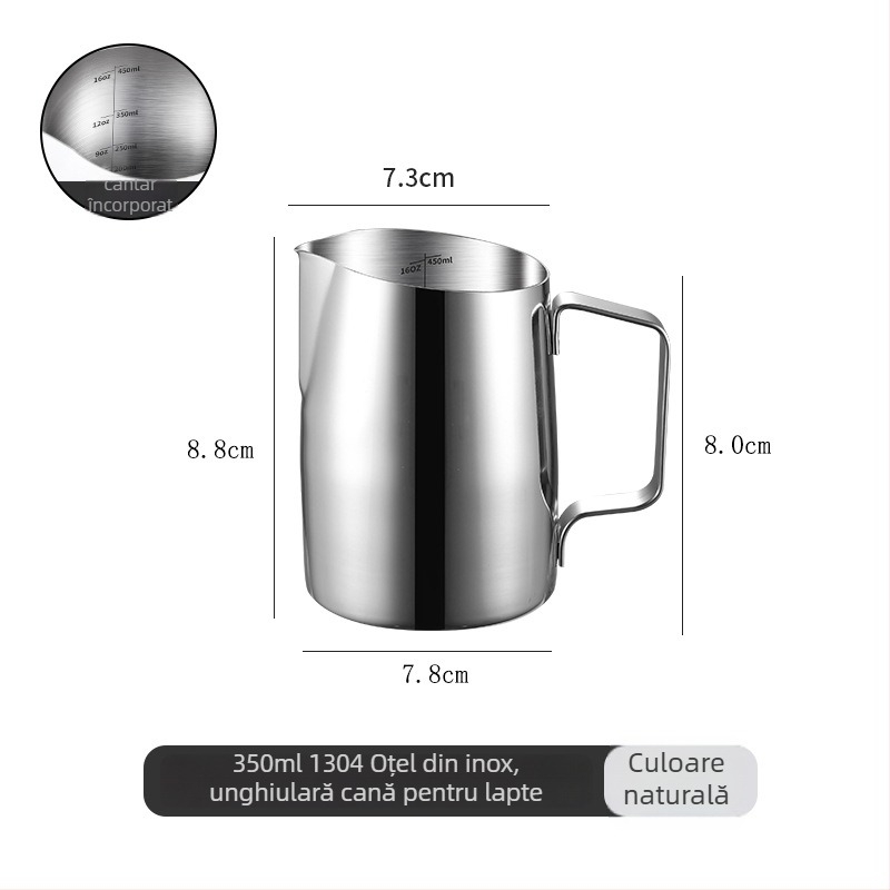 Cană pentru latte art din oțel inoxidabil 304 cu gură înclinată, vas pentru spumă de lapte cu scară de măsurare, brand Chuangchao, potrivită pentru birou, acasă, bar și cafenea, personalizabilă