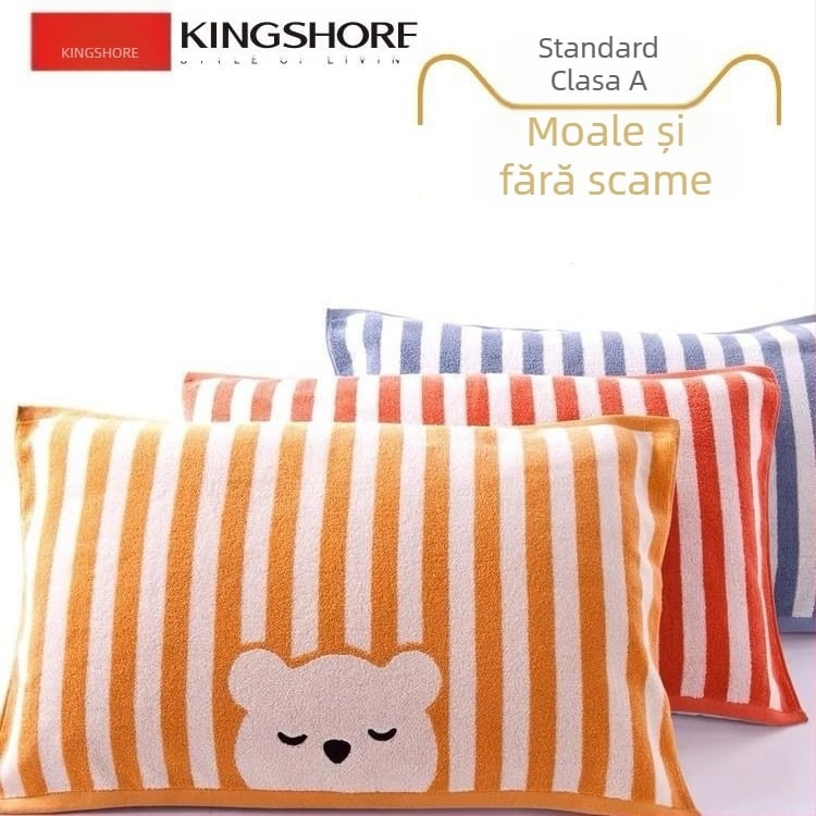 Husă de pernă din bumbac pur, tehnologie fără răsucire, moale și absorbantă, motiv ursuleț desen animat, bumbac tip A, brand King Shore/Gold Number