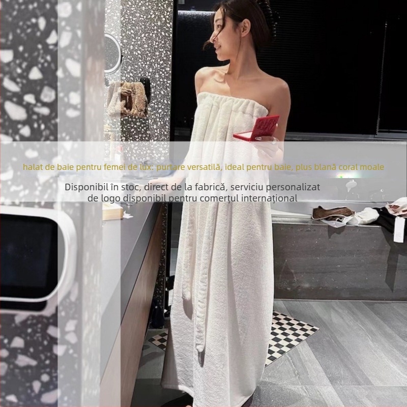 Prosop de baie purtabil cu uscare rapidă din coral fleece (fibra de poliester), halat de baie cu fustă și căciulă de uscare a părului, 300–400 gsm, pentru toamnă