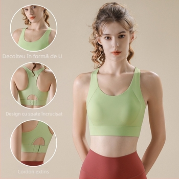 Sutien sport pentru femei cu suport înalt, cupe complete, cupă subțire modelată, 75% nylon, căptușeală 25% spandex, bretele dublu fixe, închidere spate cu trei rânduri
