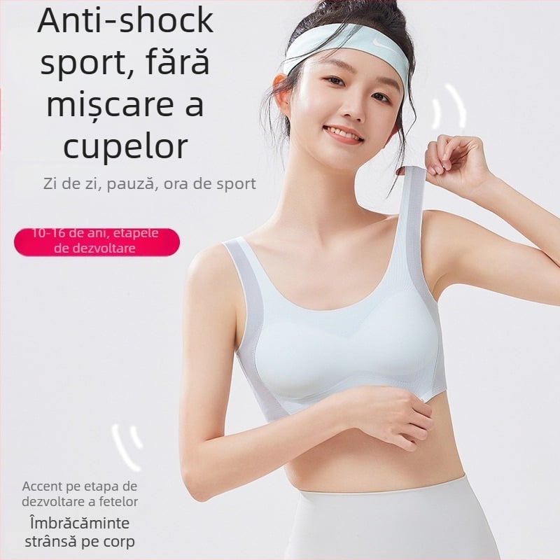 Sutien-vestă sport pentru adolescente 12–15 ani, nylon respirabil, design minimalist, cupe subțiri turnate cu material din bumbac, bretele fixe duble