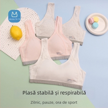 Sutien sport din bumbac cupe complete, cupe subțiri formate din burete, panouri respirabile din plasă, bretele fixe duble (pentru vârstele 12–15)