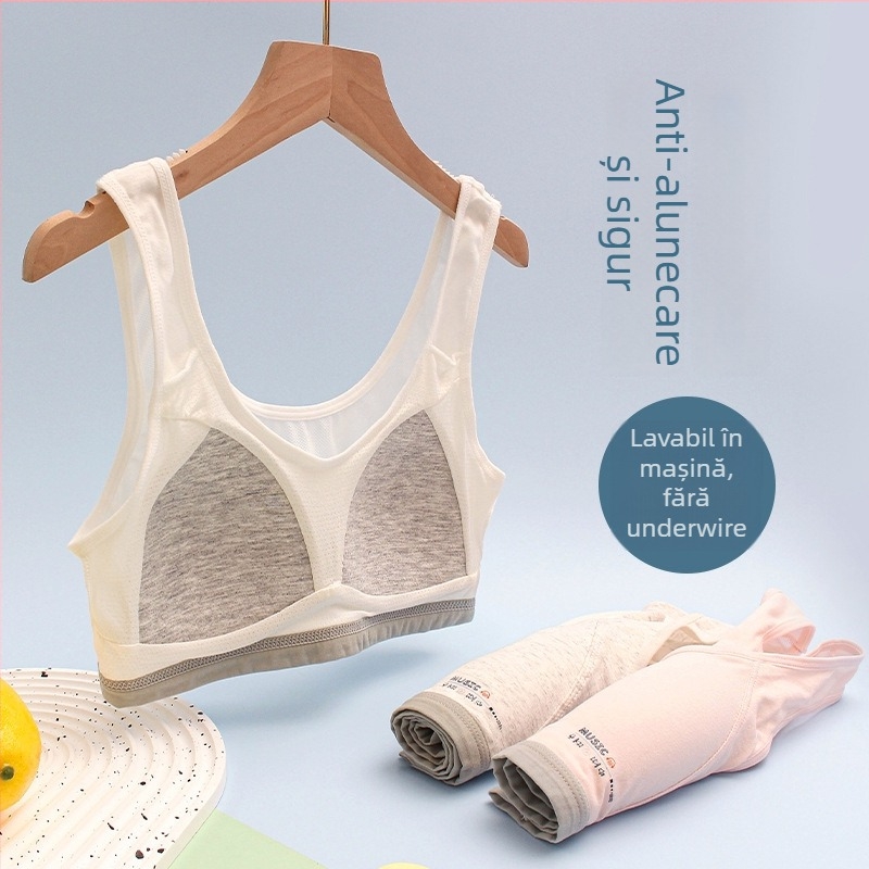 Sutien sport din bumbac cupe complete, cupe subțiri formate din burete, panouri respirabile din plasă, bretele fixe duble (pentru vârstele 12–15)