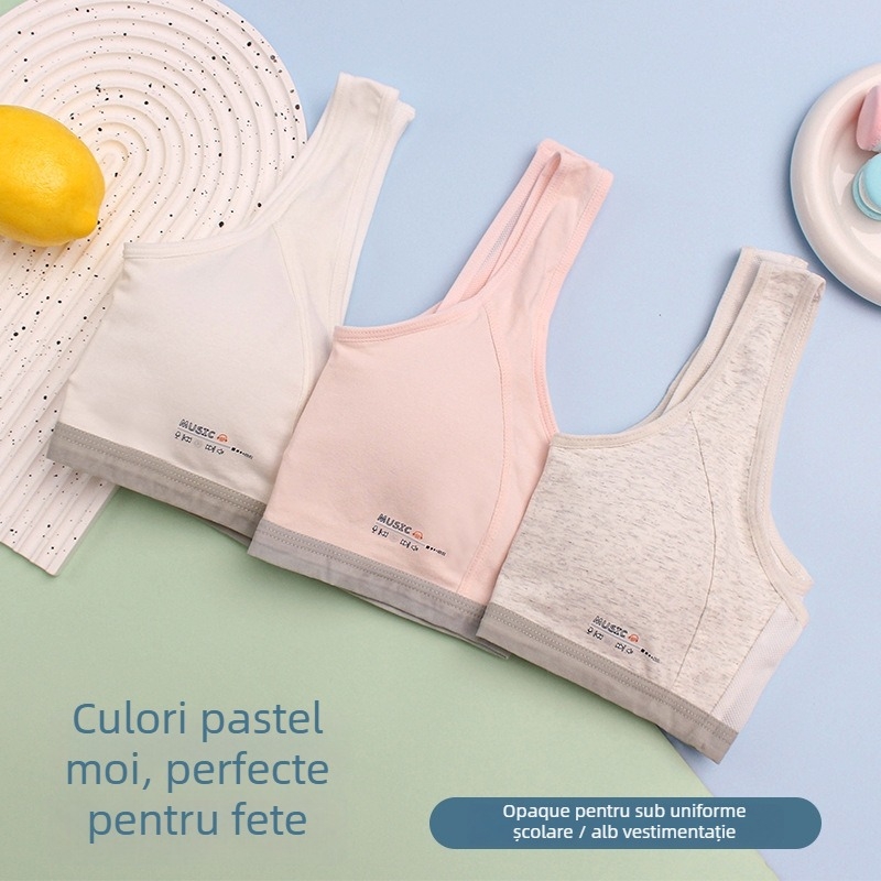 Sutien sport din bumbac cupe complete, cupe subțiri formate din burete, panouri respirabile din plasă, bretele fixe duble (pentru vârstele 12–15)