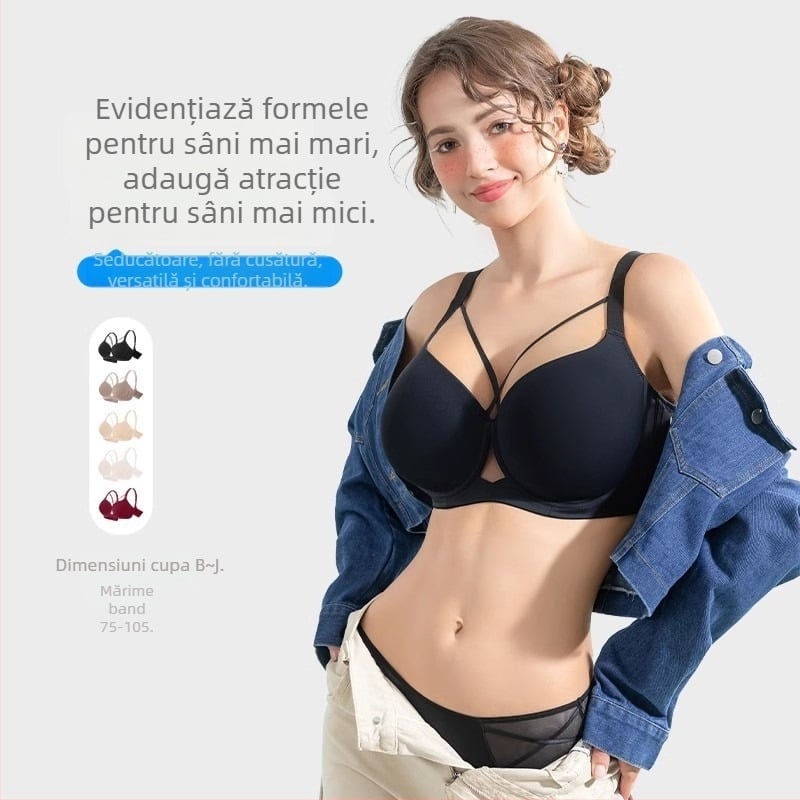 Sutien din modal, fără cusături, cu cupă completă, push-up și adunare, respirabil, bretele fixe duble, închidere spate cu patru rânduri de cârlige.