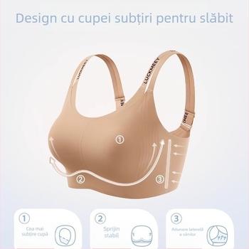 Sutien pentru sâni mici cu suport moale – fără cusături, material Nylon, căptușeală Spandex, bretele duble fixe, închidere dorsală cu patru rânduri, cupe cu formă urechi de iepure