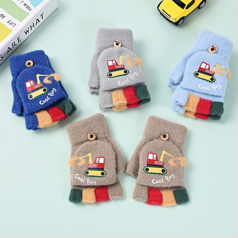 Mănuși de iarnă tricotate pentru copii, unisex, cu design Half-Finger Flip-Top, model Cartoon, pentru copii 4–12 ani