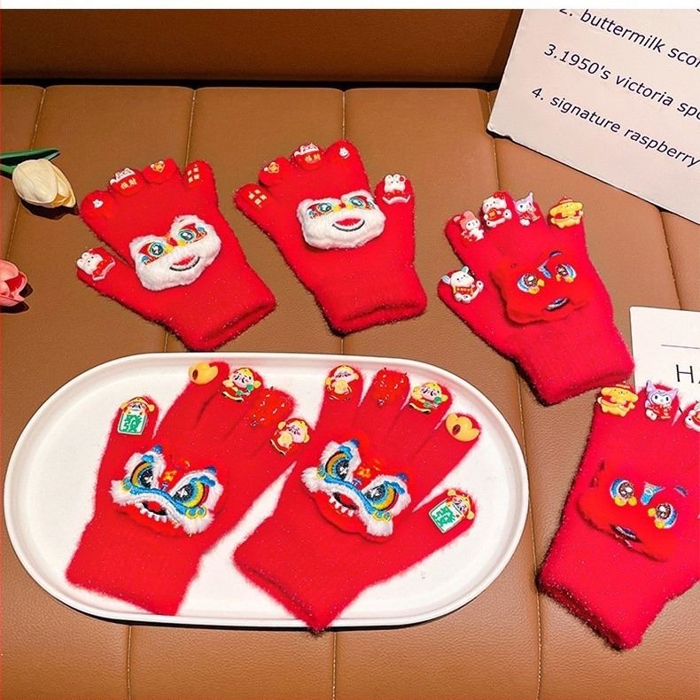 Mănuși tricotate din catifea pentru copii, cu cinci degete, iarnă, unisex, vârsta 3–12 ani, stil chinezesc